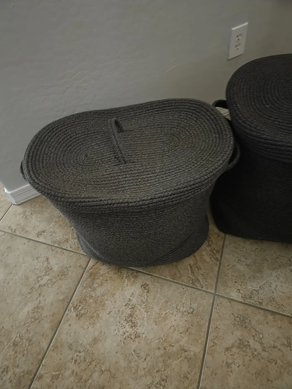 2 Woven Oval Storage Baskets with Lids- Grey